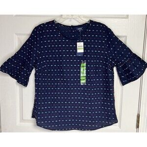 IZOD Size L Red White Blue Button Back Bell Sleeve Multicolored Blouse Women's